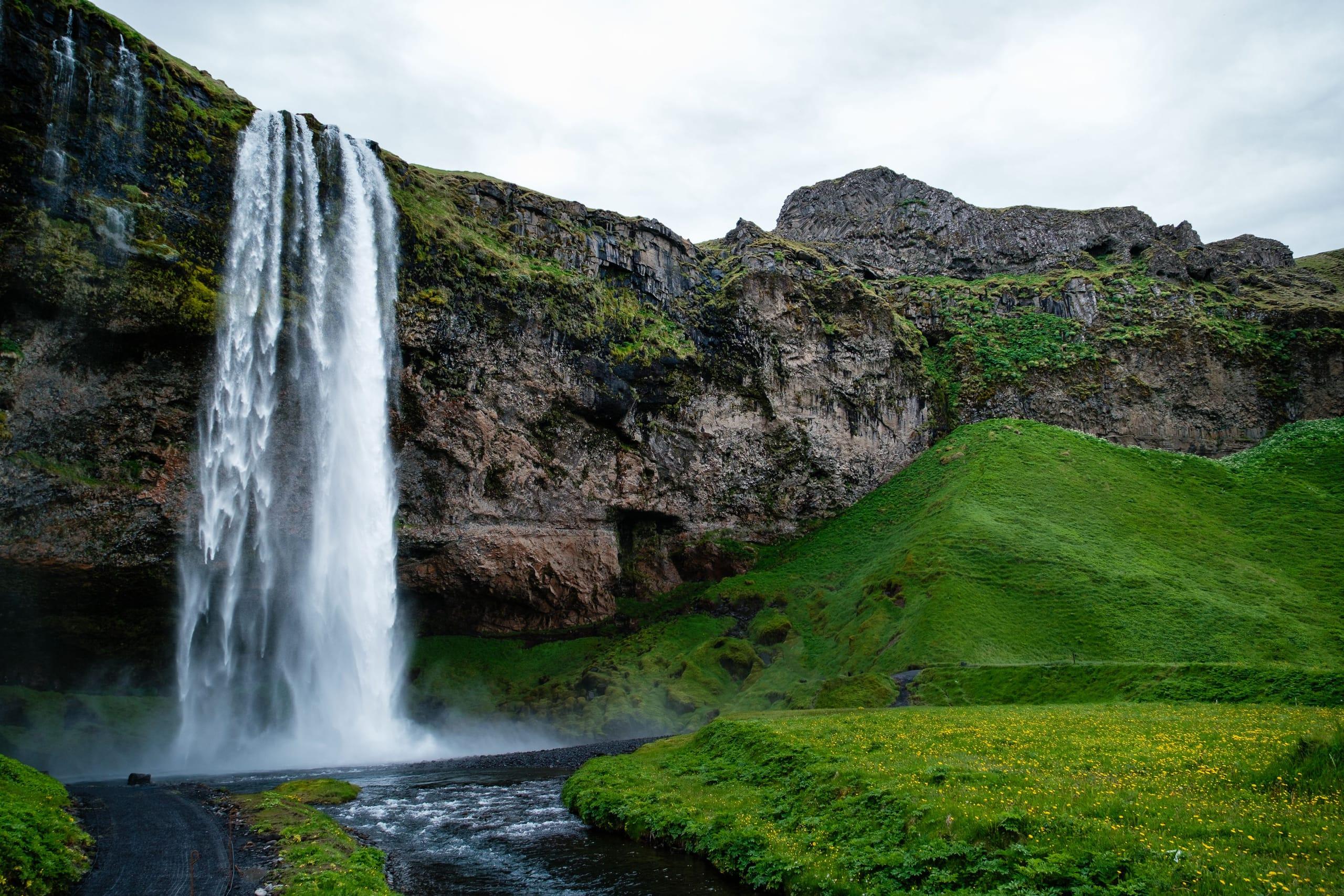 Seljalandsfoss waterfall on Iceland's south coast, seen from the base